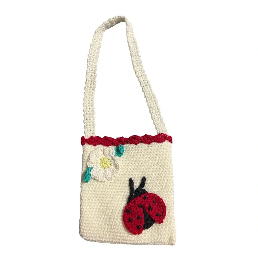 Hand Crafted Ladybug Dress with Matching Purse Crochet Red around White T Shirt - Picture 12 of 14